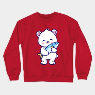 Cute Polar Bear Holding Fish Cartoon Crewneck Sweatshirt